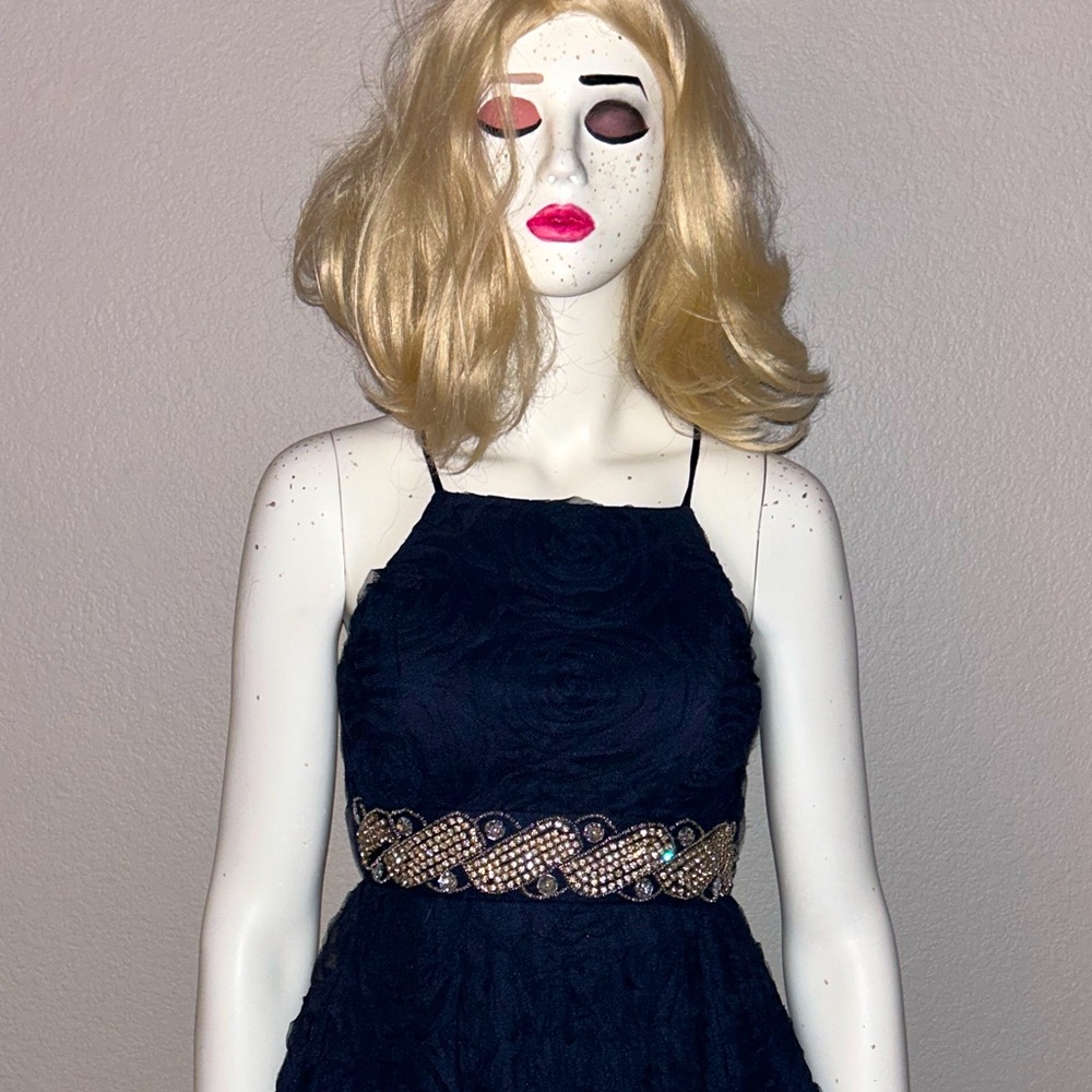 NAVY HALTER TOP DRESS WITH GOLD STUDDED WAIST